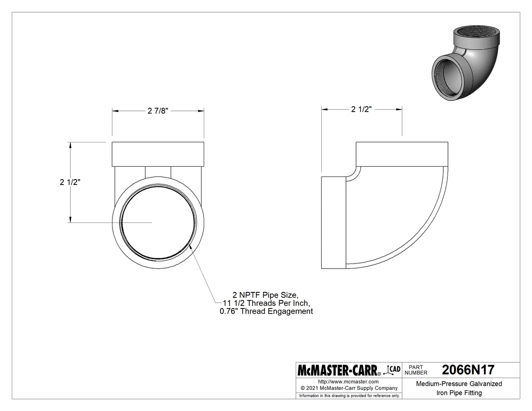 Technical Drawing of Medium-Pressure Galvanized Iron Pipe Fitting, 90 Degree Elbow Connector, 2 NPT Female.